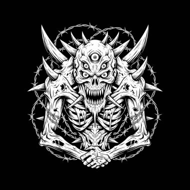 Karanlık bir arka planda boynuzları, çivileri ve zırhı olan tehditkar bir iblis kafatasını kapatın.