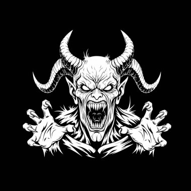 Açık ağızlı ve uzanmış elleri olan öfkeli boynuzlu bir iblisin resmi.