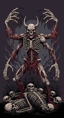 Karanlık bir fantezi sahnesinde birden fazla kolu ve tüyler ürpertici kafatasları olan yüksek bir iskelet iblisi.