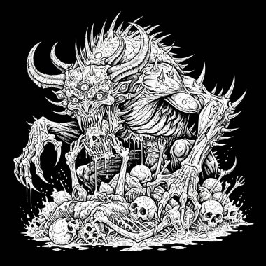 Kafatasları ve kemikleri olan korkunç bir iblis yaratığa odaklanmış siyah ve beyaz bir resimde.