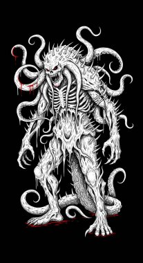 Karanlık bir arka planda güçlü dokunaçları ve boynuzları olan korkunç bir insansı canavarın detaylı bir çizimi.