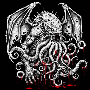 Çerçeveye sayısız dokunaçları ve yarasa gibi kanatları olan karanlık fantezi canavarı hükmediyor.