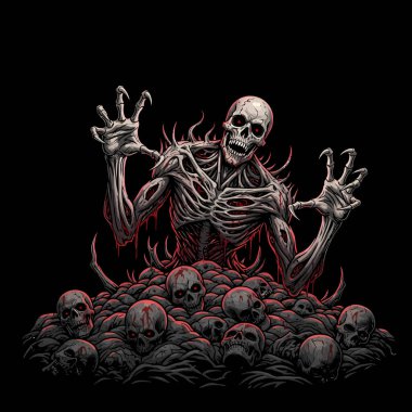 Kafatası yığınından yükselen bir iskelet figürü karanlık bir arka plana karşı korku ve korkunç görsel darbeyi resmediyor.