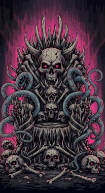 İskelet bir hükümdar, karanlık, ateşli bir sahne ve gotik atmosferde kafataslarıyla çevrili bir tahtta oturur.