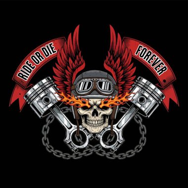 Kanatlı ve piston motorlu dramatik kafatası bir motorcu sanat amblemi oluşturuyor