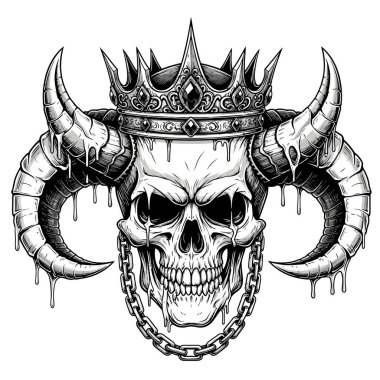 Büyük boynuzlu detaylı bir kafatası cesur gotik görünüş için taç takıyor.