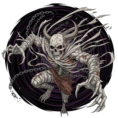 Zincirlere ve yırtık kaftanlara sarılı tehditkar bir iskelet yaratığı saldırmaya hazır.