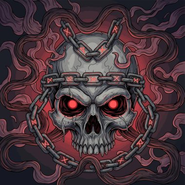 Zincirlere sarılı parlak kırmızı göz çukurlarıyla siyah kafatası ve alevli aura.