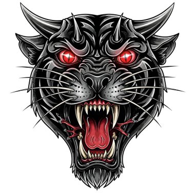 Kırmızı gözlü ve sivri dişli, yırtıcı siyah bir panterin başını kapatın.