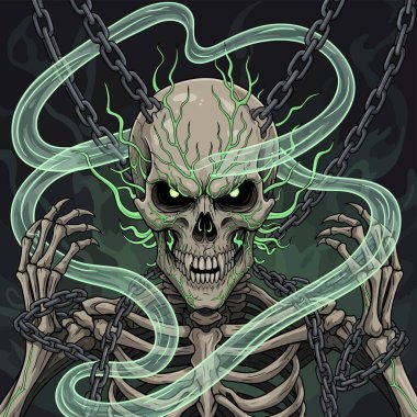 Çalkantılı yeşil enerjiyle zincirlenmiş dramatik iskelet iskeleti