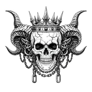Taçlı ve boynuzlu ayrıntılı kafatası ve kalın grafik tarzında zincirli süsler.