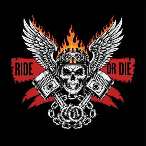 Motorsiklet kültürü için kalın kafatası amblemi. Kanatları, alevleri ve zincir tasarımı içeriyor.