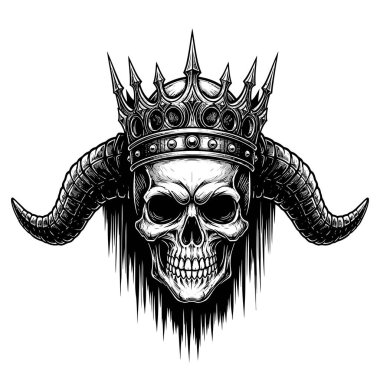 Boynuzlu kafatası siyah beyaz dramatik gölgelerle süslenmiş taç çizimi giyiyor.