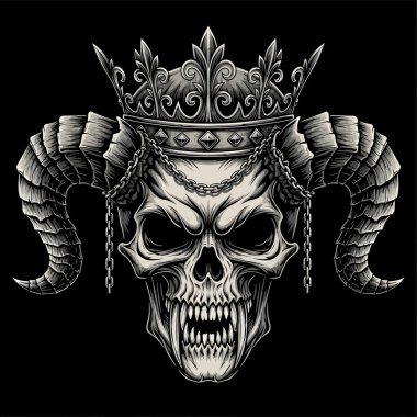 Kıvrımlı boynuzlu dramatik bir kafatası karanlık bir fantezi kompozisyonu ile ana konuyu oluşturur.