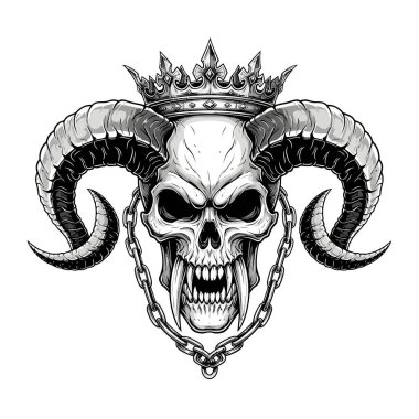 Boynuzlu bir kafatası, taç ve zincirli bir kolye takıyor.