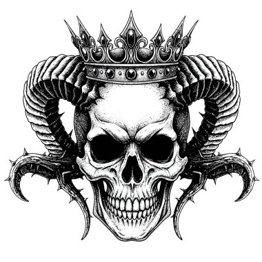 Tek renkli kafatası, büyük kavisli boynuzları olan mücevherli bir taç takıyor ve Gotik bir fantezi odak noktası oluşturuyor.