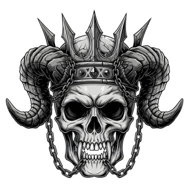 Dikenli bir taç takan kalın kafatası ve zincirli süslemeler.