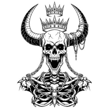 Taç ve boynuz takan şeytani iskelet kafatası ana denek olarak izole edilmiş.