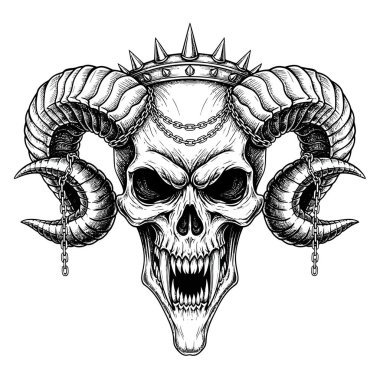 Boynuzlu kafatası ve taç çizimi karanlık fantezi sanat eserleri için tehditkar ifadelere odaklanıyor.