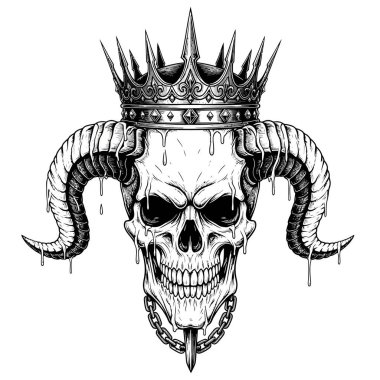 Taçlı kemikli kafatası ve her iki tarafında büyük boynuzları var.