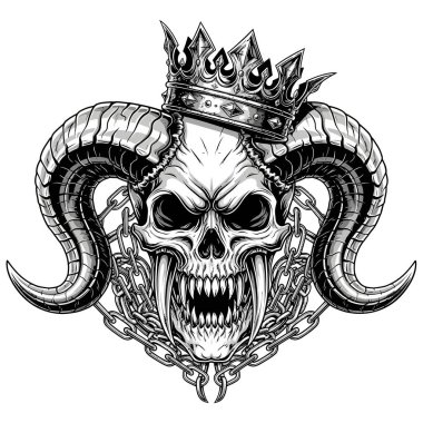 Taç giymiş boynuzlu bir kafatasının ayrıntılı monokrom çizimi