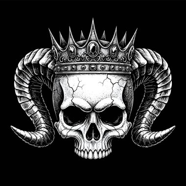 Kıvırcık boynuzlu, mücevherli bir taç takan ayrıntılı kafatası.