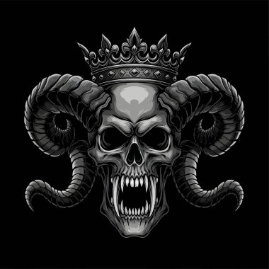 Metal bir taç ve dramatik boynuzlarla süslenmiş tek renkli koç kafatası.