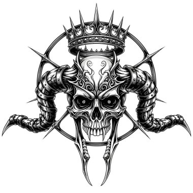 Ayrıntılı kafatası boynuzlu ve sivri uçlu siyah beyaz bir taç giyiyor.