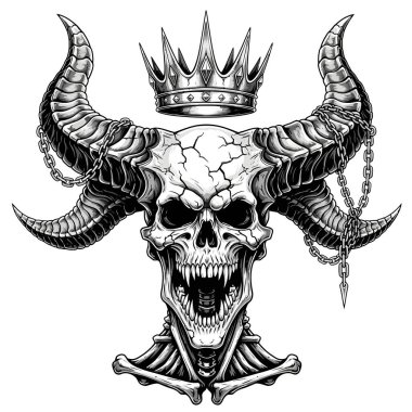 Gotik tarzda ayarlanmış boynuzları olan bir taç takan ayrıntılı kafatası..