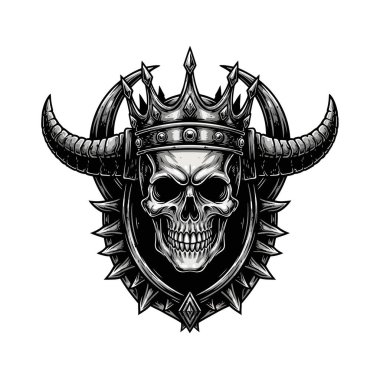 Daire şeklinde çivili bir rozette boynuzlu bir taç takan ayrıntılı kafatası.