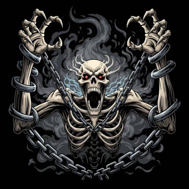 Ağır zincirlerle bağlanmış tehditkar iskelet figürü.