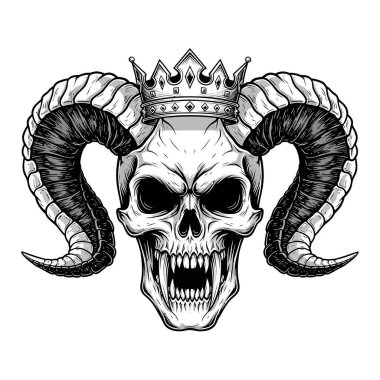 Ayrıntılı kafatası, kıvrımlı boynuzları ve kalın çizgileri olan bir taç giyiyor.