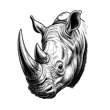 Boynuzlara ve desenli cilde odaklanan gergedan kafası illüstrasyonunun yakın görüntüsü