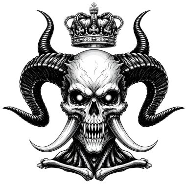 Taç takan boynuzlu bir kafatası dramatik sanat eserleri için cesur bir süs oluşturur.