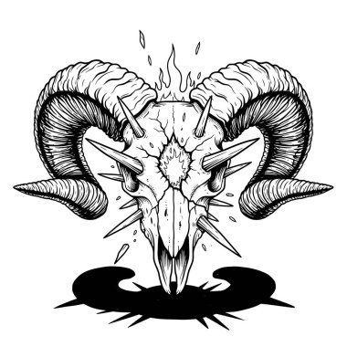 Boynuzları ve gölgeleri gösteren ayrıntılı kafatası çizimi