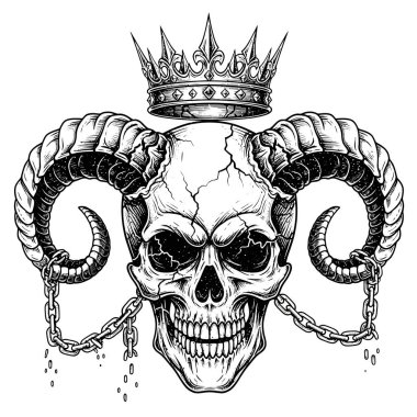 Boynuzları zincirlerle bağlanmış kraliyet tacını takan dramatik bir kafatası.