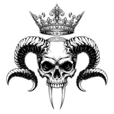 Taç ve kıvrımlı boynuzlu kafatası merkezi görüntü