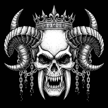 Siyah arka planda zincirli boynuzları olan tehditkar boynuzlu bir kafatası.