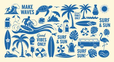 Mavi siluet simgeleri sörf ekipmanları ve sahil yaşam tarzını betimliyor