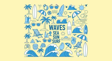 Sörf tahtalarının yer aldığı renkli kolaj dalgaları güneş ve palmiyeler canlı bir sahil sörf atmosferini yakalıyor.