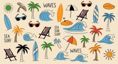 Sörf tahtaları, palmiye ağaçları, güneş ve dalgaları içeren tekrarlanan tropik desenler.