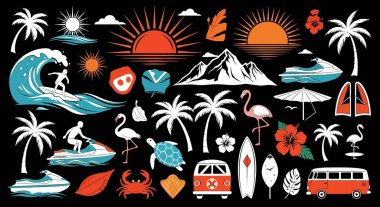 Tropikal bir sahil manzarasının renkli bir çizimi. Palmiye ağaçları, günbatımı dalgaları sörf tahtaları ve canlı kıyı elementleri.