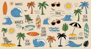 Sörf tahtaları, palmiye ağaçları, güneş ve deniz kenarında rahat bir yaşam tarzı taşıyan dalgalarla dolu canlı bir sahil sahnesi.