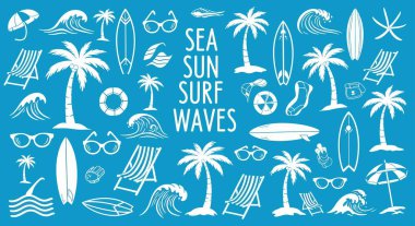 Tropikal temalı bir desen merkezli parlak mavi sörf tahtası grafiği