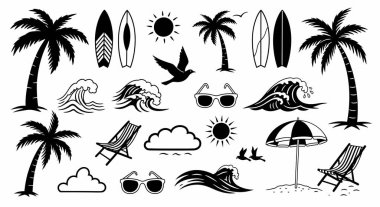 Ana konu palmiye ağaçları sörf tahtaları güneş dalgaları ve plaj nesneleri eğlenceli bir tropikal tatil sahnesi yaratıyor.