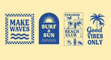 Dört dekoratif plaj tabelaları. Dalgalar, güneş cenneti ve güzel titreşimler.