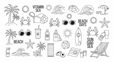 Şemsiye, güneş gözlüğü ve sörf tahtası gibi plaj tatili esaslarını içeren karalama tasvirleri.