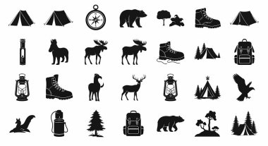 Kamp ve açık hava ikonlarının toplanması çadırlara, çantalara fenerlere botlara ve teçhizatlara odaklanıyor