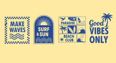 Plaj ve sörf temalı grafikler içeren bir dizi dekoratif dikdörtgen tabela.