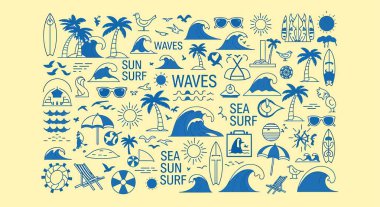 Dalgalar, palmiye ağaçları, güneş ve deniz kabukları içeren soyut dekoratif desenler.